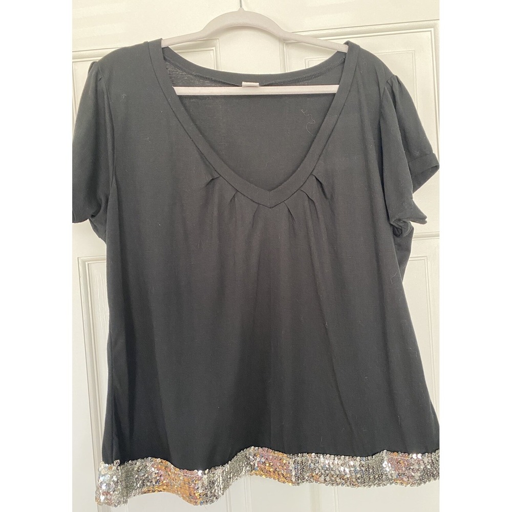 Jay Day Women's Shirt SZ 2X Black Sequined Bottom Short Sleeve Party Sparkle - Picture 1 of 7